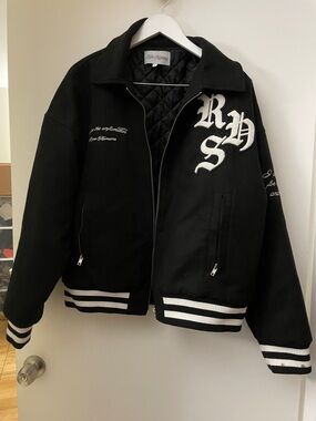 Black Varsity Bomber Jacket with White Lettering